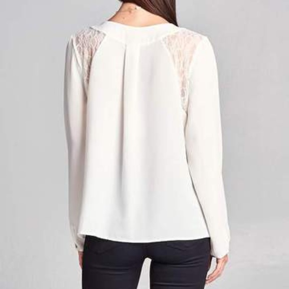 RENEE C Lace Inset Cream Blouse Long Sleeve Top - Picture 2 of 2